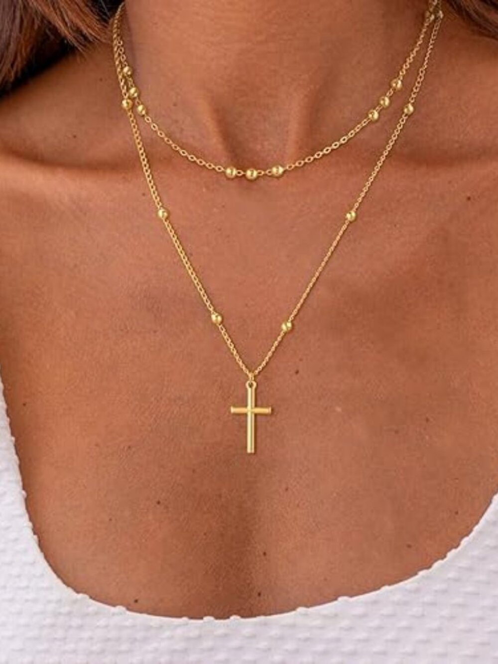 Dainty Cross Necklace Women 14K Gold Plated Layered Pendant Choker Set - Picture 2 of 5